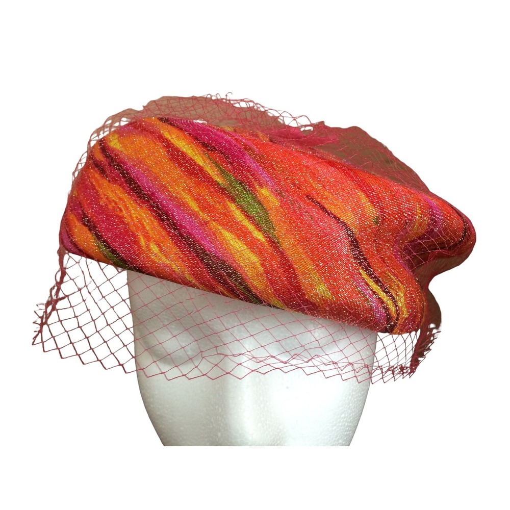 Vintage Pillbox Hat Pink Orange Psychedelic Metallic Shimmer Birdcage Veil MCM